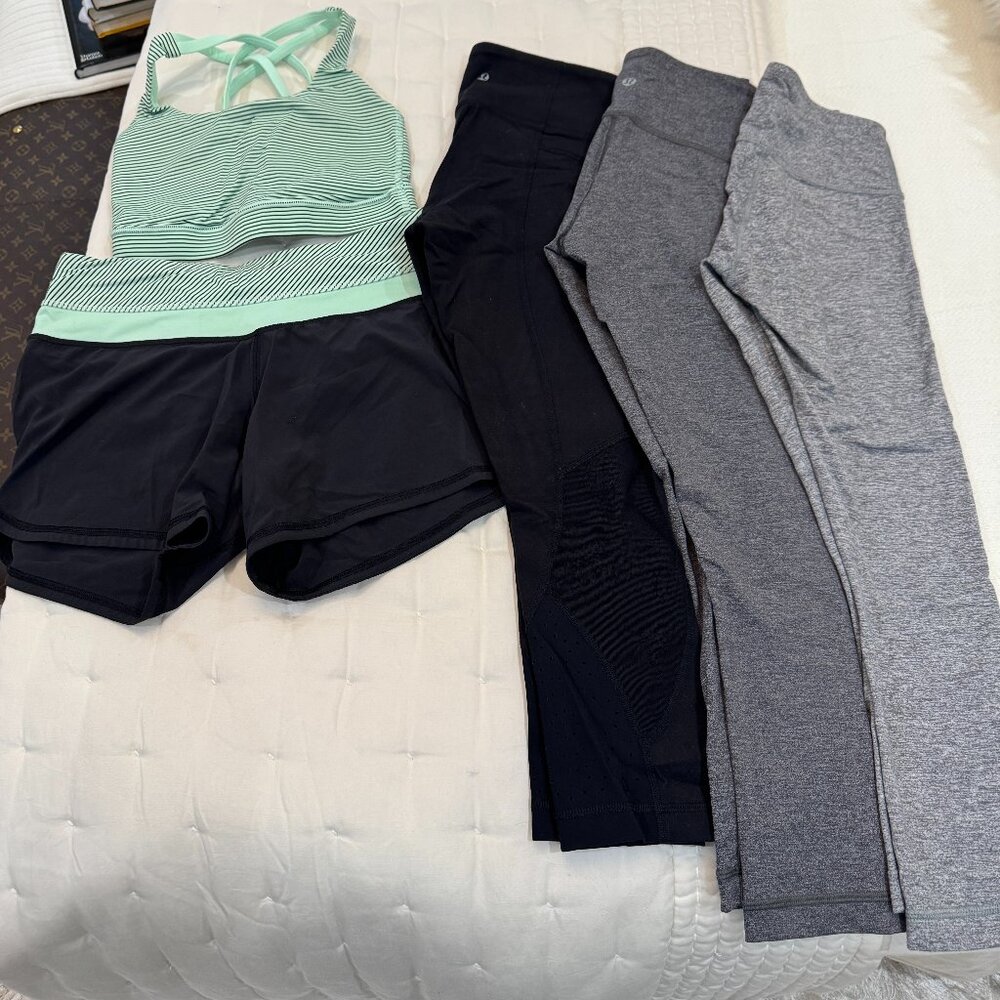 lot of Lululemon-shorts set, 3 pairs cropped leggings-black, dk gray, gray-XS